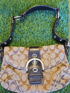 Coach Tan Signature Canvas Shoulder Bag with Brown Leather Trim